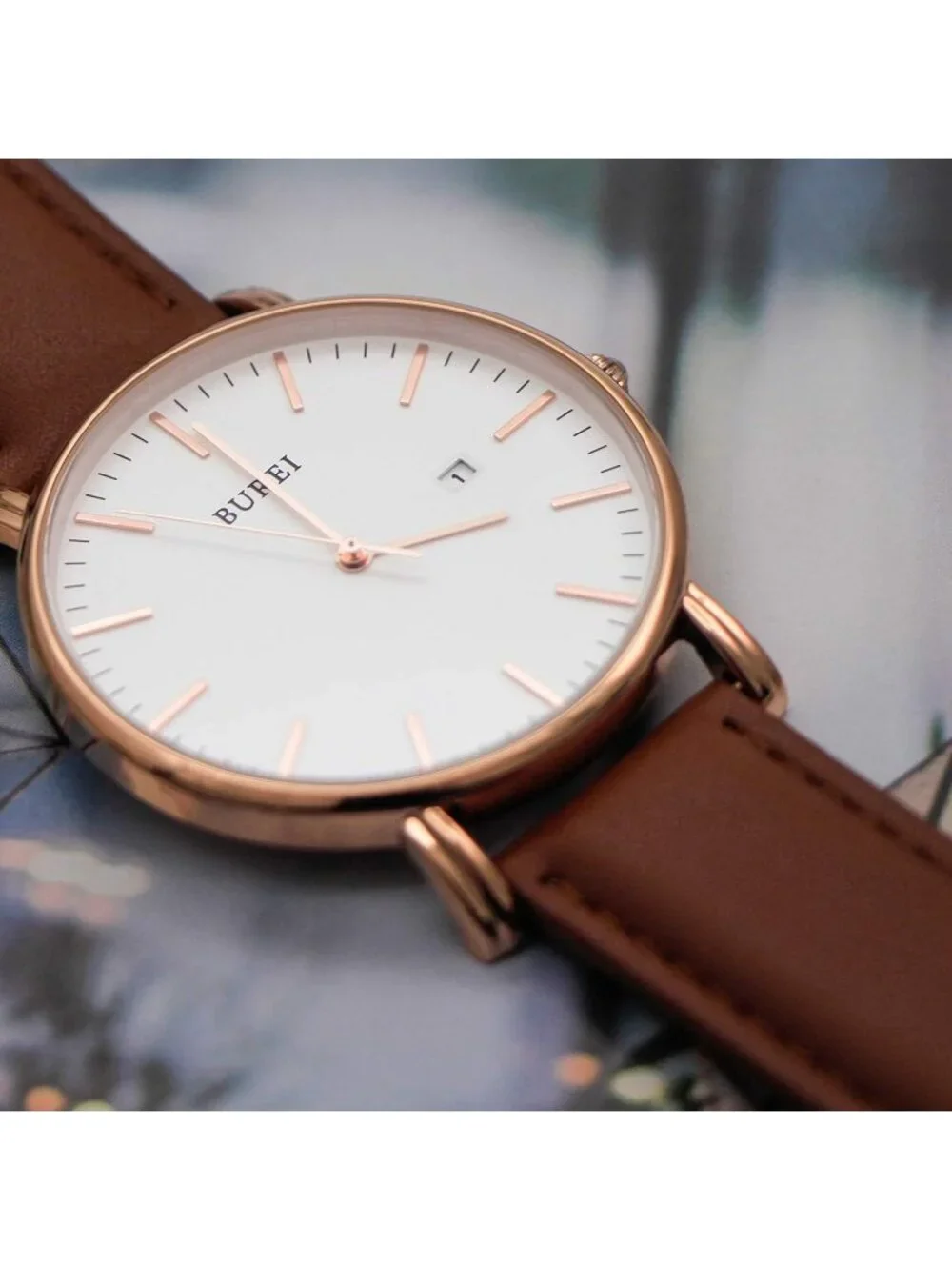 Men's White And Brown Band Mesh Strap Minimalist Analog Quartz Waterproof Watch